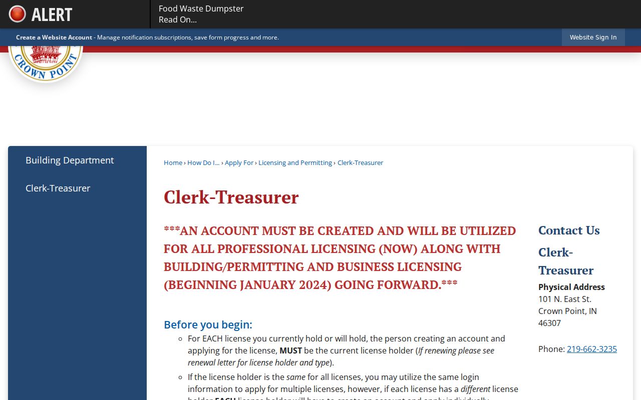 Crown Point city directory research link at the Clerk-Treasurer page