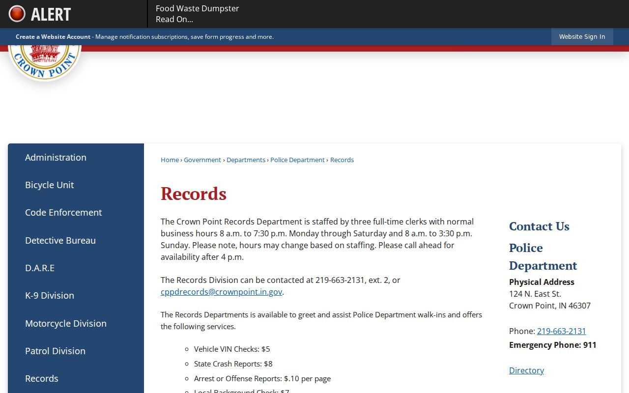 Crown Point residents directory police records request page