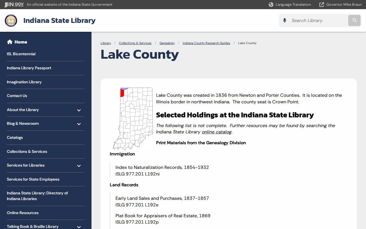 Indiana State Library Lake County guide for Crown Point house and resident history