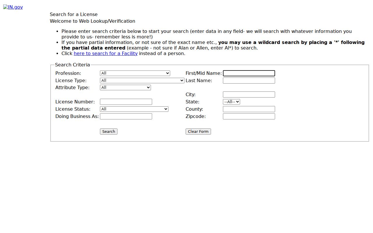 Crown Point resident lookup Indiana professional license verification