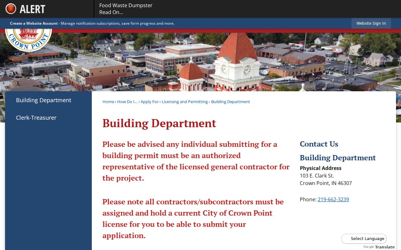 Crown Point Building Department permit access page for address research