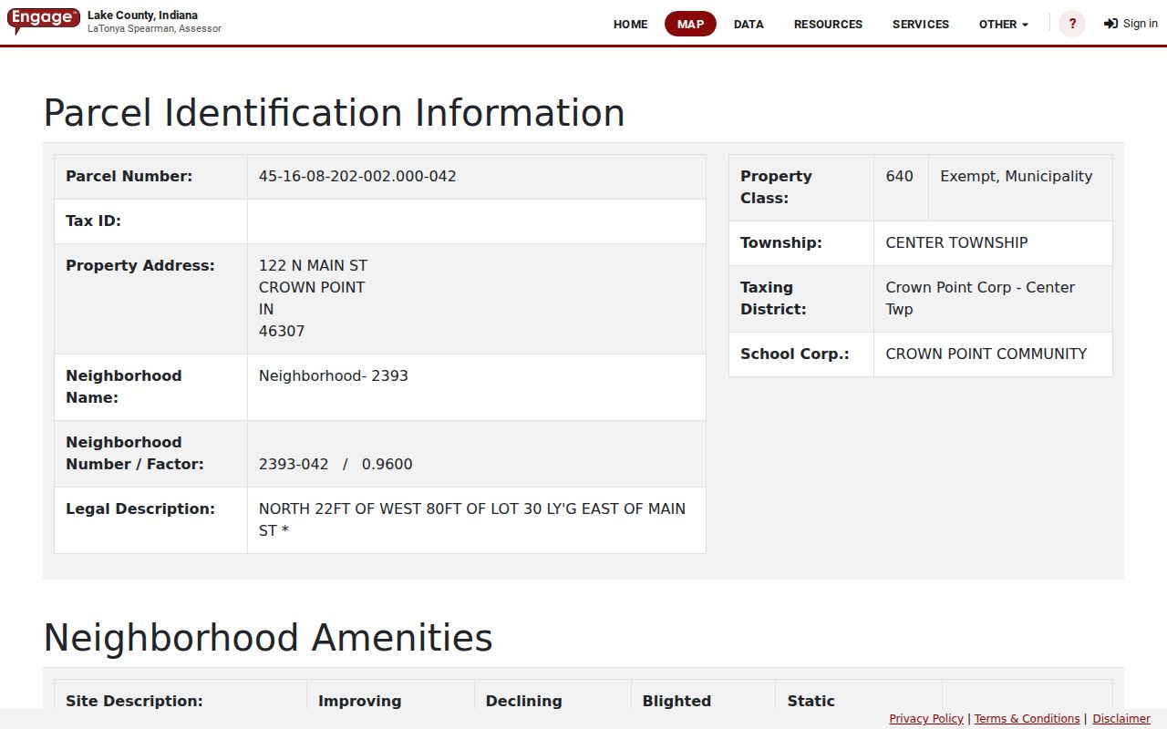 Crown Point street directory sample assessor parcel detail