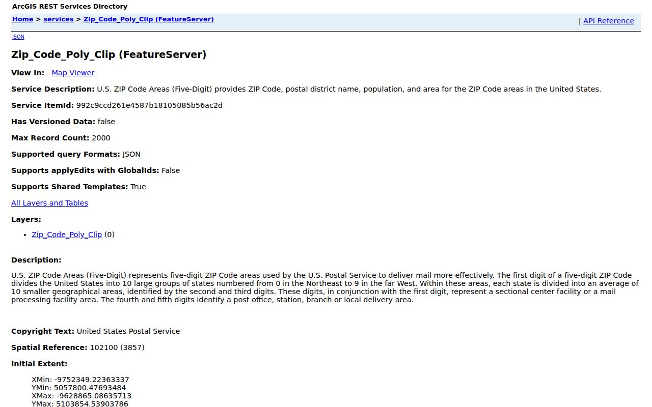 Crown Point ZIP code directory screenshot of the county ZIP polygon service