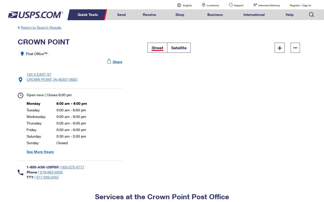 Crown Point ZIP code directory view of the USPS post office details